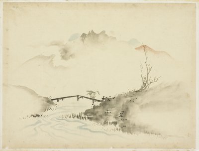 Paisagem com Farmer Crossing Bridge, 1615-1868 (tinta e cor no papel) de Katsushika (school of) Hokusai