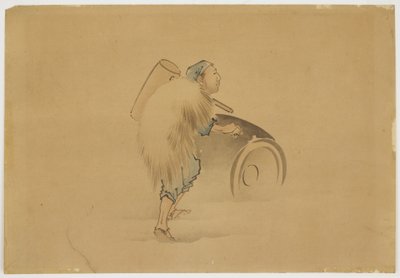 Homem com Tambor de Rolamento de Marreta, c.1850 (tinta e cor no papel) de Katsushika (school of) Hokusai