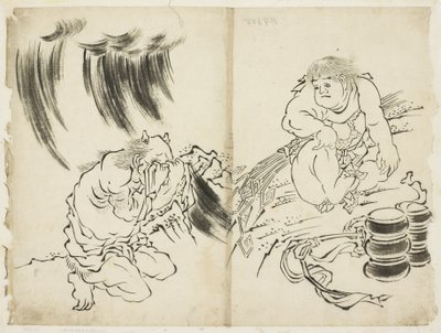 Personificação da Tempestade com Kintaro e
Weeping Oni, c.1815-1849 (tinta sobre papel) de Katsushika (school of) Hokusai