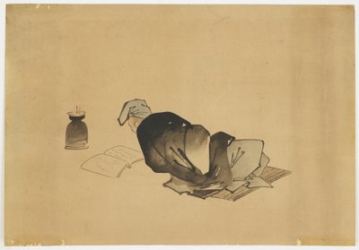 Homem reclinado lendo à luz de lâmpada, ca. 1850 (tinta e cor no papel) de Katsushika (school of) Hokusai