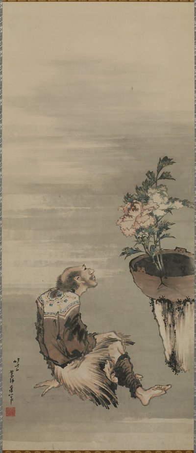 Um homem sentado olhando peônias em vasos, período Edo (tinta e cor no papel) de Katsushika Hokusai