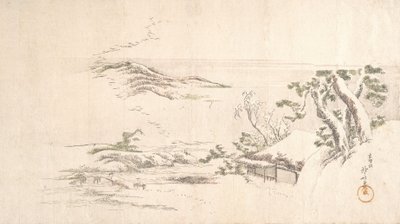 Uma paisagem coberta de neve com nuvens cinzentas, ca. 1800. de Katsushika Hokusai