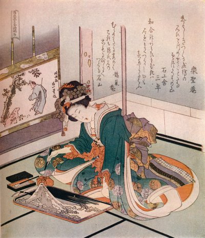 Uma mulher fazendo um modelo em miniatura do Monte Fuji, c1823. de Katsushika Hokusai