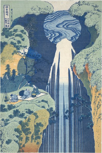 A Cascata de Amida, bem ao longe, na Estrada de Kiso, da série «Passeio pelas Cascatas de Várias Províncias» de Katsushika Hokusai