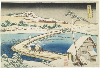 Uma visão antiga da ponte do pontão em Sano, província de Ko_zuke, 1833-1834 de Katsushika Hokusai