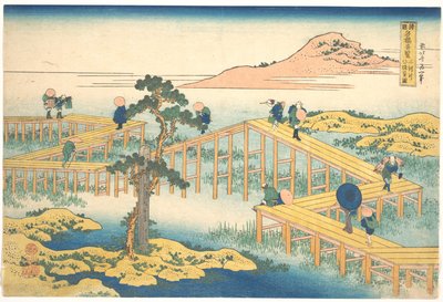 Vista antiga de Yatsuhashi, na província de Mikawa (Mikawa no Yatsuhashi no kozu), da série «Vistas notáveis de pontes em várias províncias» (Shokoku meikyō kiran) de Katsushika Hokusai