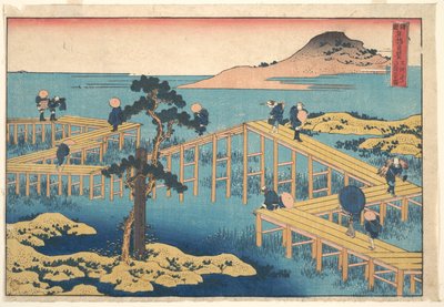 Vista antiga de Yatsuhashi, na província de Mikawa (Mikawa no Yatsuhashi no kozu), da série «Vistas notáveis de pontes em várias províncias» (Shokoku meikyō kiran) de Katsushika Hokusai