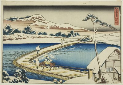 Vista antiga da ponte do pontão em Sano na província de Kozuke (Kozuke Sano funabashi no kozu), da série "Vistas incomuns de pontes famosas em várias províncias (Shokoku meikyo kiran)" de Katsushika Hokusai