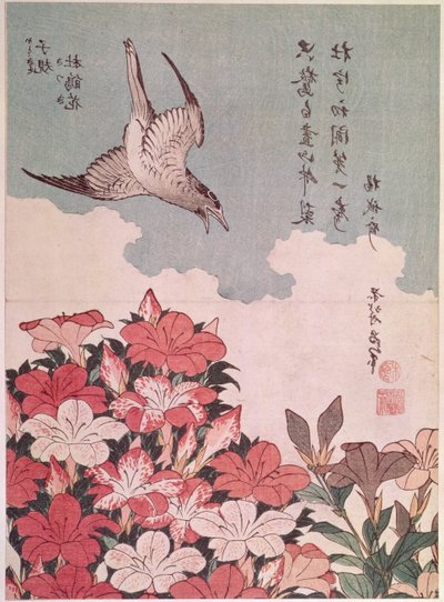 Azaléias e cuco, publicado pela Eijudo, c.1830 (impressão em xilogravura colorida) de Katsushika Hokusai