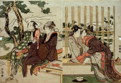 Azuma e Yogoro na neve velha. Koman e Yosaku por do sol de Katsushika Hokusai