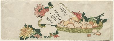 Cesta com leque, crisântemos e cogumelos de Katsushika Hokusai