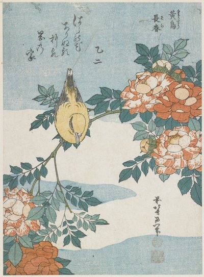 Oriole Preto-Naped e China Rose, c. 1833 de Katsushika Hokusai