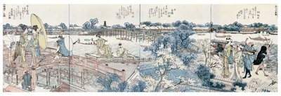 Bookplates de cenas da paisagem do Ehon Sumidagawa Ryogan Ichiran de Katsushika Hokusai
