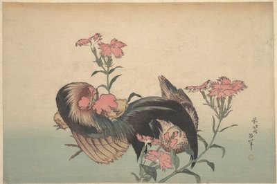 Galo, Galinha e Nadeshiko (Dianthus Superbus) de Katsushika Hokusai