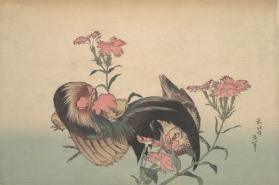 Galo, Galinha e Nadeshiko Dianthus Superbus. de Katsushika Hokusai
