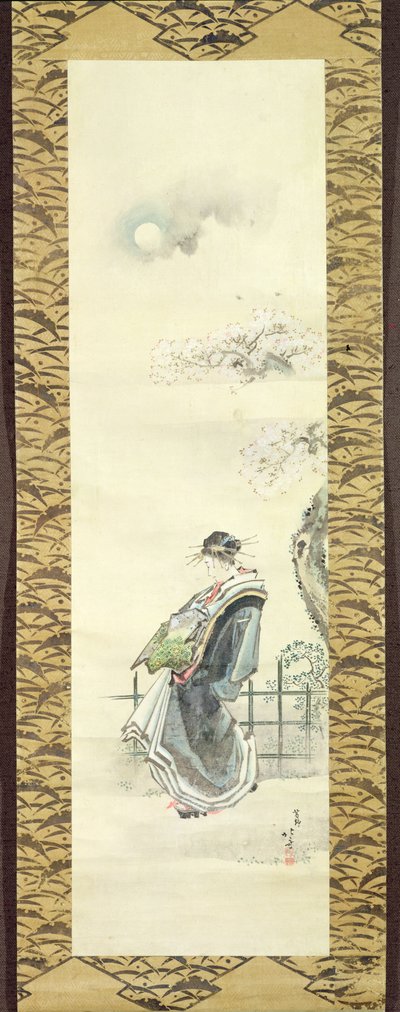 Cortesão fora para uma caminhada (caneta e tinta com a lavagem no papel) de Katsushika Hokusai