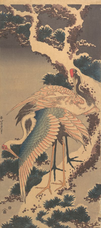 Guindastes em galho de pinheiro coberto de neve, final da década de 1820. de Katsushika Hokusai