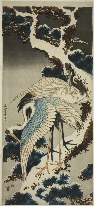 Guindastes em pinheiros cobertos de neve de Katsushika Hokusai