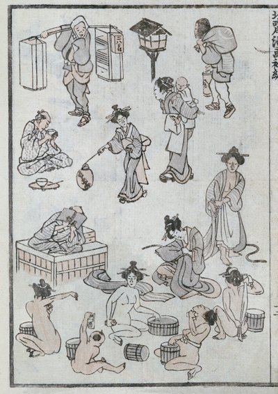 Gestos de vida diária, de um mangá (impressão em xilogravura colorida) de Katsushika Hokusai