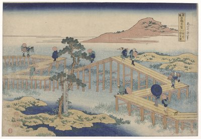 A ponte em ziguezague em Mikawa. Mikawa no yatsuhashi no kozu (título do objeto) Vistas de pontes famosas nas províncias (título da série) Shokoku Meikyo Kiran (título no objeto) de Katsushika Hokusai