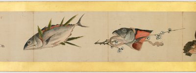 Detalhe do Handscroll com diversas imagens, período Edo, 1839 tinta e cor em papel de Katsushika Hokusai