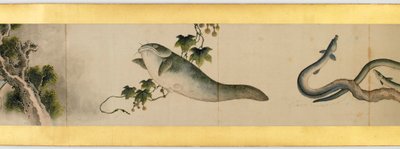 Detalhe do Handscroll com diversas imagens, período Edo, 1839 tinta e cor em papel de Katsushika Hokusai