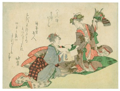 Capacete com cabeça de dragão (duas mulheres com decorações de Ano Novo) de Katsushika Hokusai