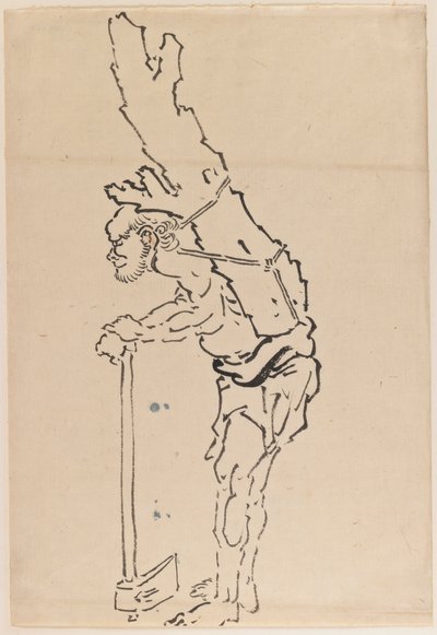 Desenho de um homem descansando em um machado e carregando parte de um tronco de árvore nas costas (tinta no papel) de Katsushika Hokusai