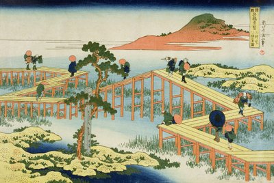 Ponte de oito partes, província de Mucawa, Japão, c.1830 (impressão de blocos de madeira) de Katsushika Hokusai