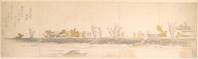 Figuras a passear numa ponta de terra; água e barcos em primeiro plano de Katsushika Hokusai