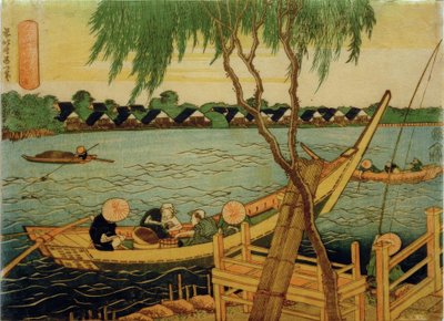 Pesca com linha de pesca longa no rio Miyato de Katsushika Hokusai