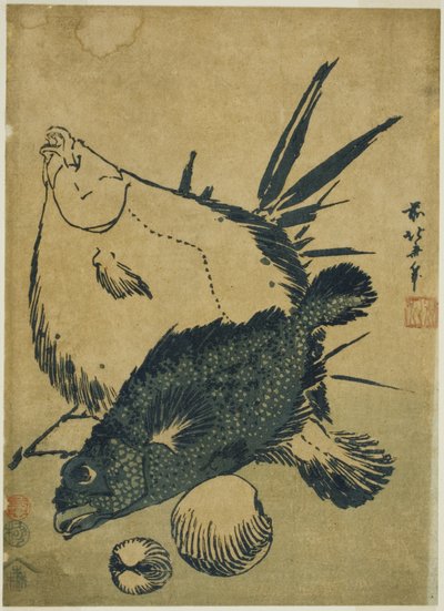 Peixes chatos, escorpiões e conchas, de uma série sem título de estampas chuban de Katsushika Hokusai