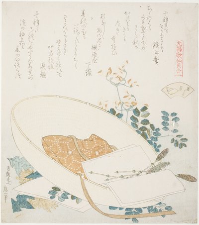 Flores recém-colhidas em um chapéu de viajante, ilustração para The Thousand-grasses Shell (Chigusagai), da série "A Matching Game with Genroku-period Poem Shells (Genroku kasen kai awase)" de Katsushika Hokusai