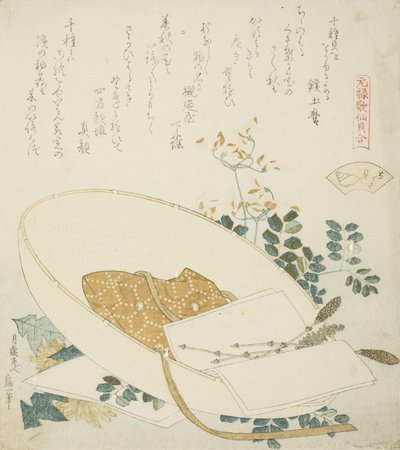 Flores recém colhidas no chapéu de um viajante, ilustração para The Thousand-grasses Shell de Katsushika Hokusai