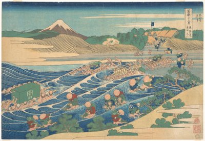 O Monte Fuji visto de Kanaya, na Tōkaidō (Tōkaidō Kanaya no Fuji), da série «Trinta e seis vistas do Monte Fuji» (Fugaku sanjūrokkei) de Katsushika Hokusai