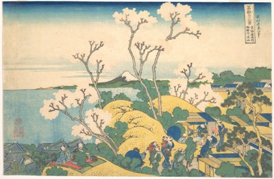 O Monte Fuji visto de Gotenyama, em Shinagawa, na Tōkaidō (Tōkaidō Shinagawa Gotenyama no Fuji), da série «Trinta e seis vistas do Monte Fuji» (Fugaku sanjūrokkei) de Katsushika Hokusai