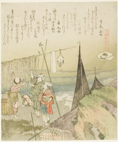 Hanging Abalone Out to Dry, ilustração para Abalone (Awabi), da série "A Matching Game with Genroku-period Poem Shells (Genroku kasen kai awase)" de Katsushika Hokusai