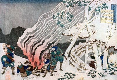 Caçadores por um incêndio na neve, c1835. de Katsushika Hokusai