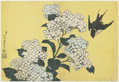 Hortênsia e andorinha, c. 1832 de Katsushika Hokusai
