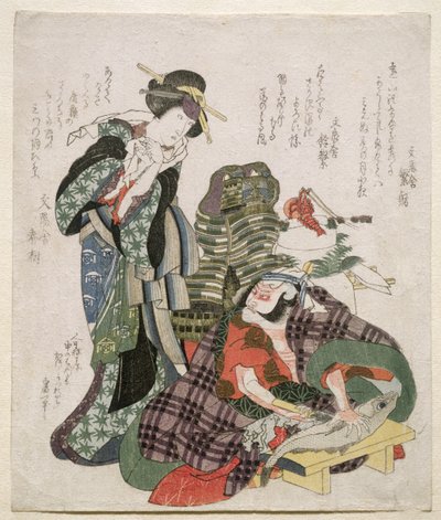Ichikawa Danjuro e Ichikawa Monnosuke como Jagekiyo e Iwai Kumesaburo, 1824 (gravura em xilogravura) de Katsushika Hokusai
