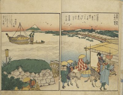 Livro ilustrado com vistas de ambas as margens do rio Sumida de Katsushika Hokusai