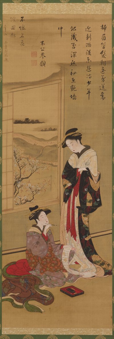 Interior: uma escrita cortesã, outra olhando, final do século XVIII-início do século XIX. de Katsushika Hokusai