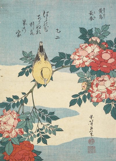 Nightingale japonês e spray de rosas, c. 1832 de Katsushika Hokusai