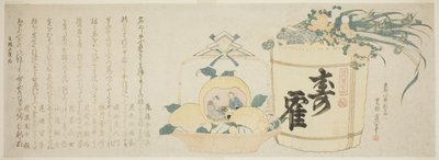 Barril de saquê e cesta de laranjas de Katsushika Hokusai