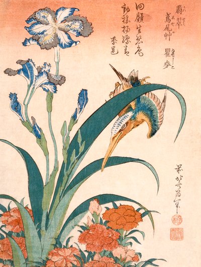 Kingfisher, Irises e Pinks (impressão a cores em bloco de madeira) de Katsushika Hokusai