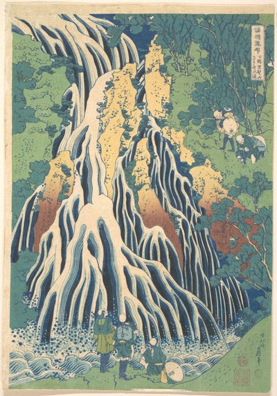 Cascata de Kirifuri na Montanha Kurokami, em Shimotsuke (Shimotsuke Kurokamiyama Kirifuri no taki), da série «Um passeio pelas cascatas de várias províncias» (Shokoku taki meguri) de Katsushika Hokusai