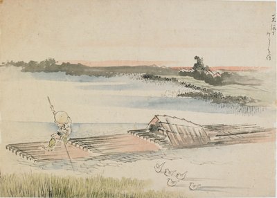 Paisagem: barqueiro em sua jangada, final do século 18 e início do século 19. de Katsushika Hokusai