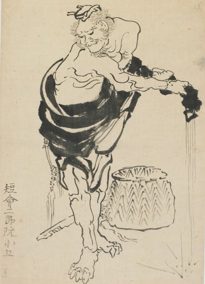 Homem torcendo seu manto, final do século 18 e início do século 19. de Katsushika Hokusai