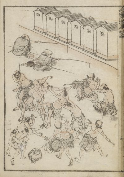 Homens a lutar e a pescar (impressão em bloco de madeira) de Katsushika Hokusai