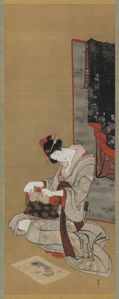 Costume de Ano Novo: Maquiagem na Manhã de Ano Novo, período Edo, c.1806-11 (tinta e cor na seda) de Katsushika Hokusai